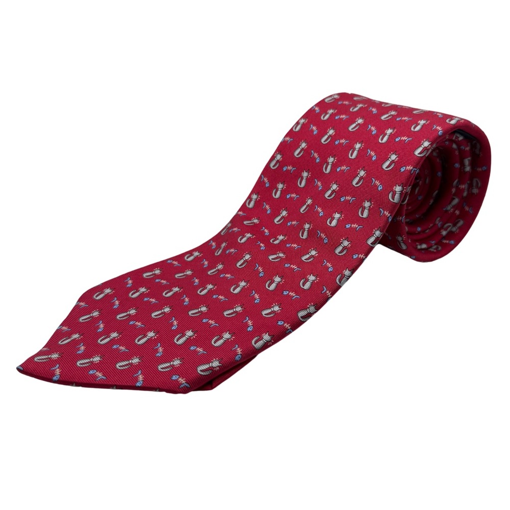Brooks Brothers Silk Tie, Red Cat & Fish Print, Made in USA, Like New